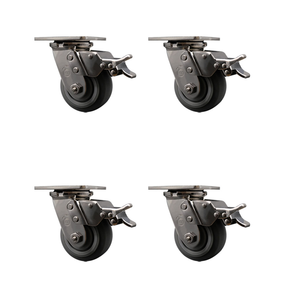 316 Stainless Steel Heavy Duty Swivel Caster Set of 4 with 4 Inch Thermoplastic Rubber Flat Tread Wheels and Ball Bearings - Includes 4 Swivel with Total Lock Brakes - Service Caster Brand — photo 1