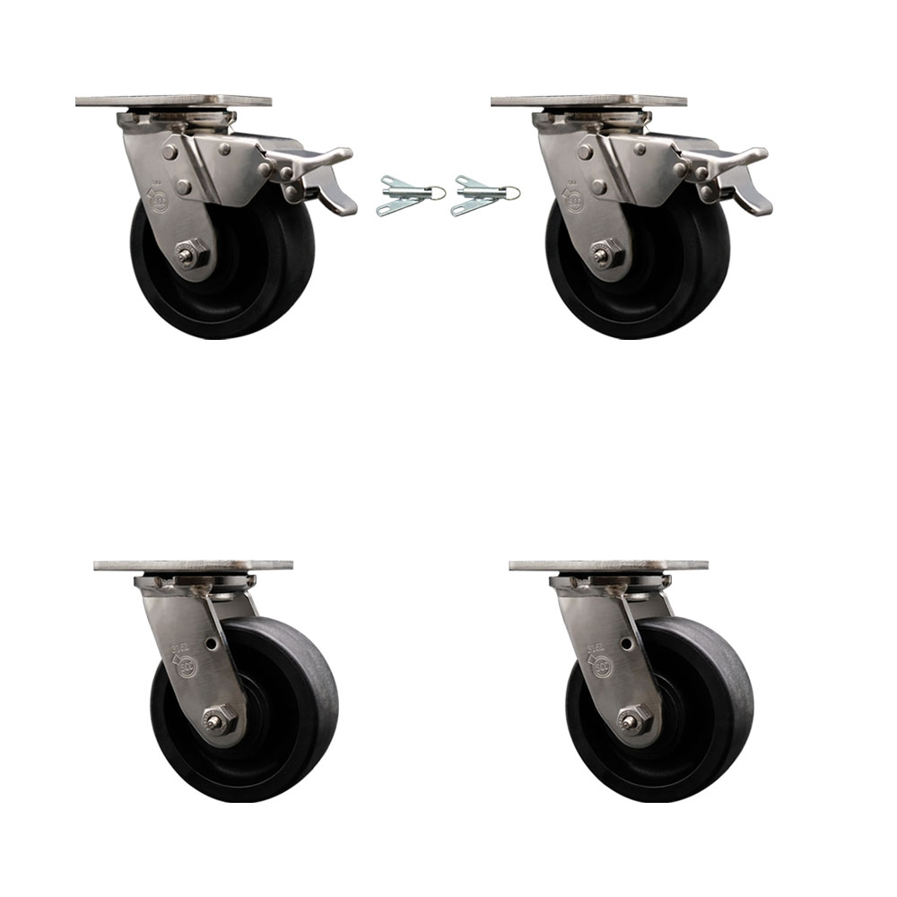 316 Stainless Heavy Duty Swivel Caster Set with 5 Inch Glass Filled Nylon Wheels and Ball Bearings -Includes 2 Swivel with Total Lock Brakes and 2 Swivel with Bolt on Swivel Locks-Service Caster Brand — photo 1