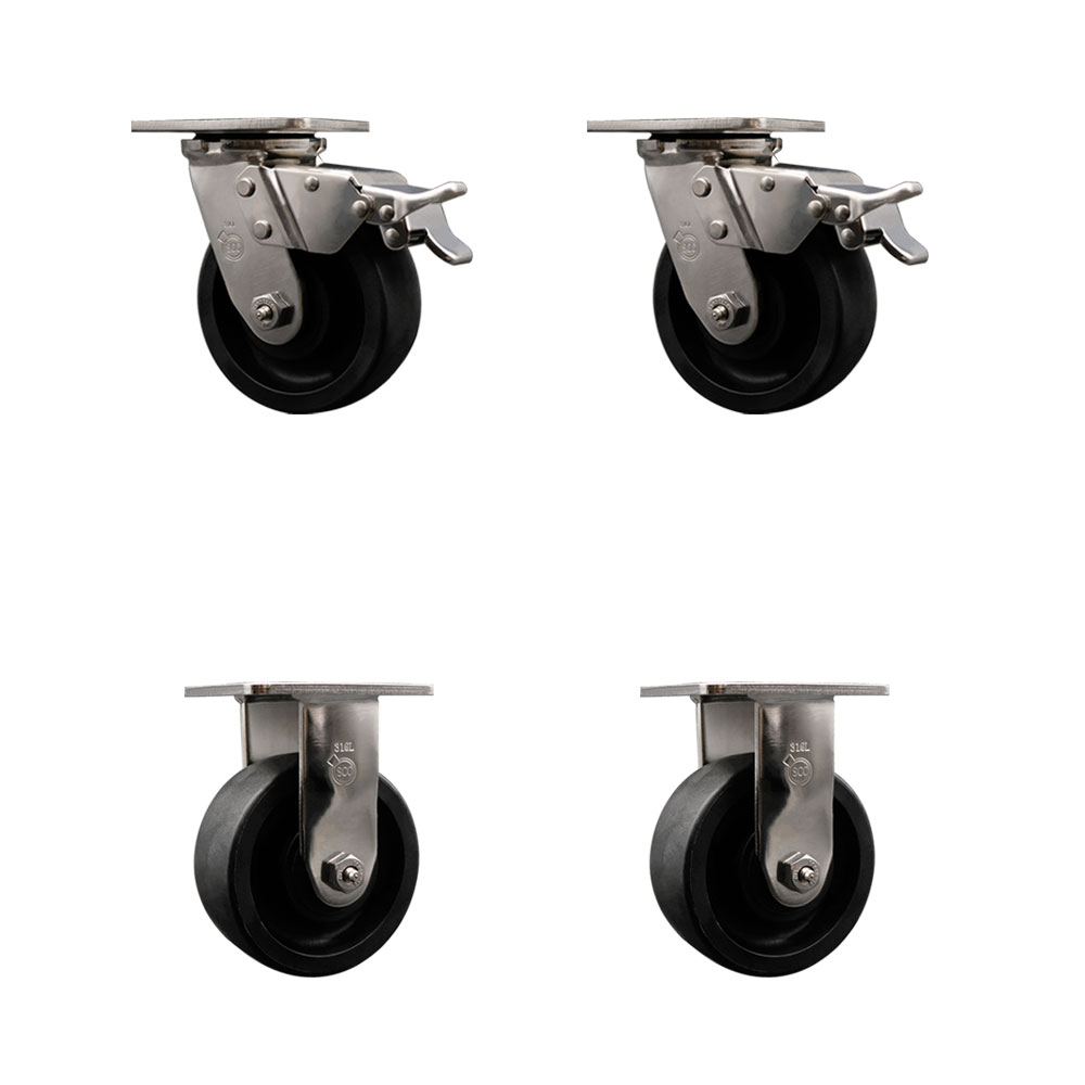 316 Stainless Steel Heavy Duty Swivel Caster Set of 4 with 5 Inch Glass Filled Nylon Wheels and Ball Bearings - Includes 2 Swivel with Total Lock Brakes and 2 Rigid - Service Caster Brand — photo 1