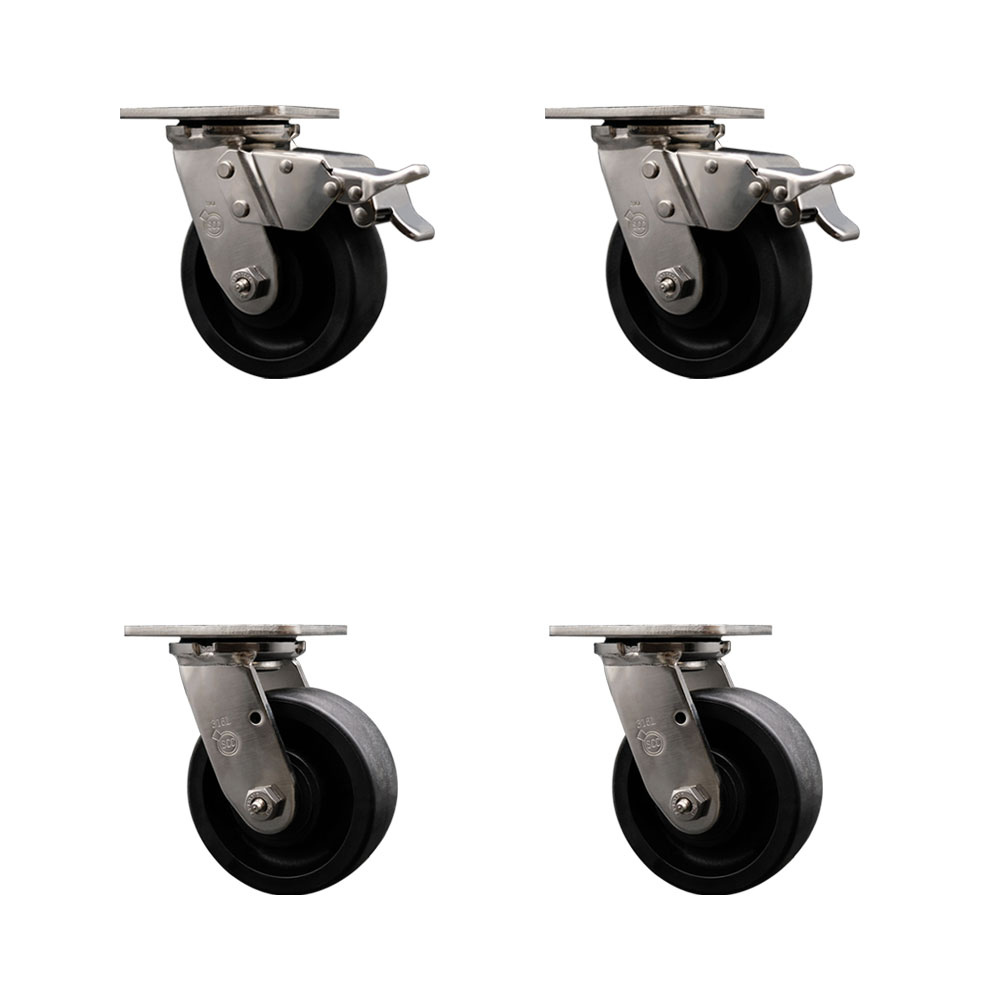 316 Stainless Steel Heavy Duty Swivel Caster Set of 4 with 5 Inch Glass Filled Nylon Wheels and Delrin Bearings - Includes 4 Swivel with 2 Total Lock Brakes - Service Caster Brand — photo 1