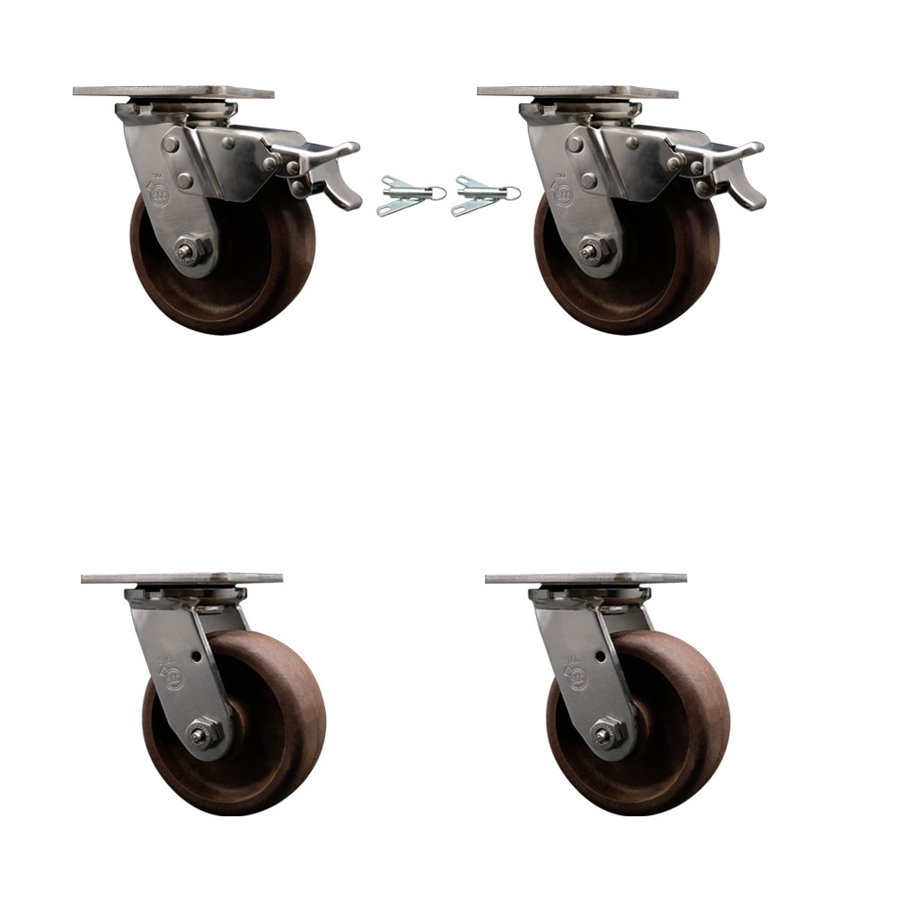 316 Stainless Heavy Duty Swivel Caster Set with 5 Inch High Temperature Glass Filled Nylon Wheels - Includes 2 Swivel with Total Lock Brakes and 2 Swivel with Bolt on Swivel Locks-Service Caster Brand — photo 1