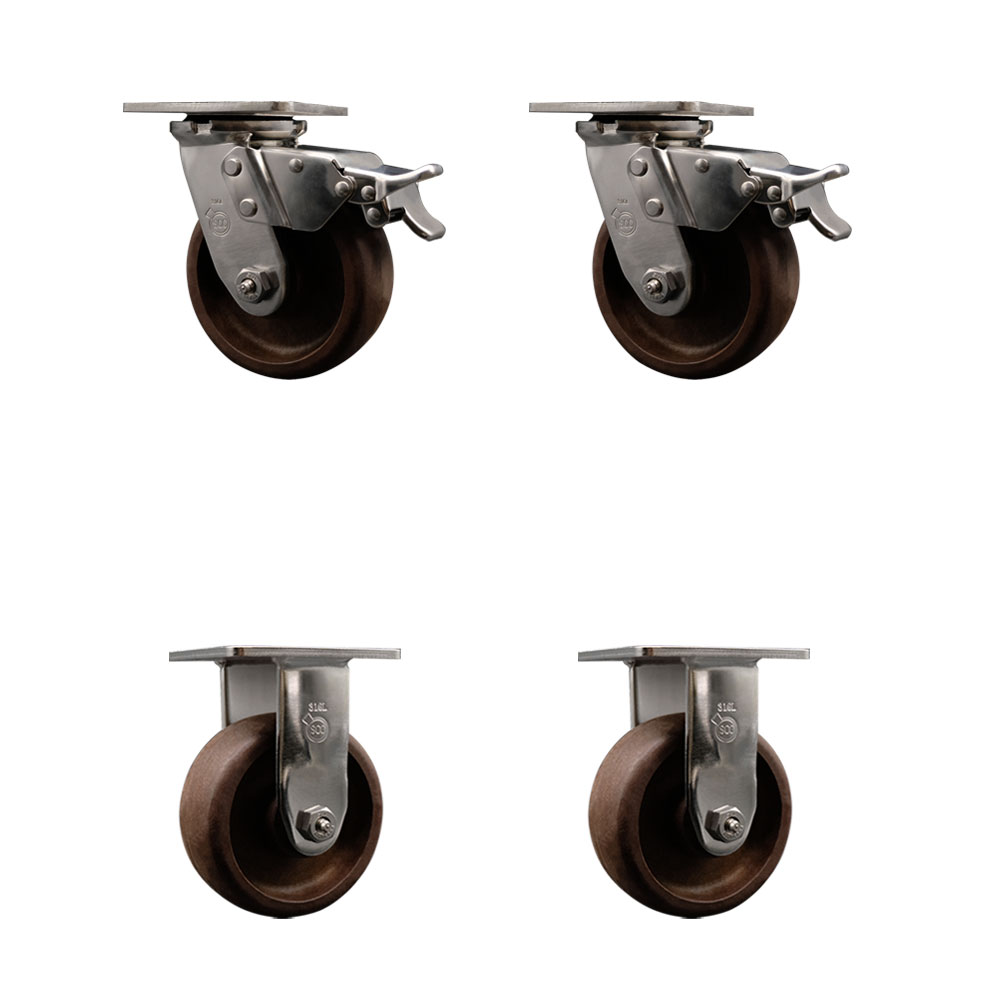 316 Stainless Steel Heavy Duty Swivel Caster Set of 4 with 5 Inch High Temp Glass Filled Nylon Wheels-Includes 2 Swivel with Total Lock Brake and 2 Rigid-4,000 lbs. Total Capacity-Service Caster Brand — photo 1