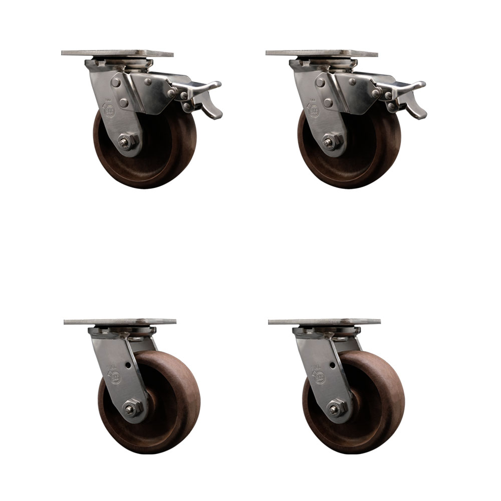 316 Stainless Steel Heavy Duty Swivel Caster Set of 4 with 5 Inch High Temp Glass Filled Nylon Wheels - Includes 4 Swivel with 2 Total Lock Brakes - 4,000 lbs. Total Capacity - Service Caster Brand — photo 1