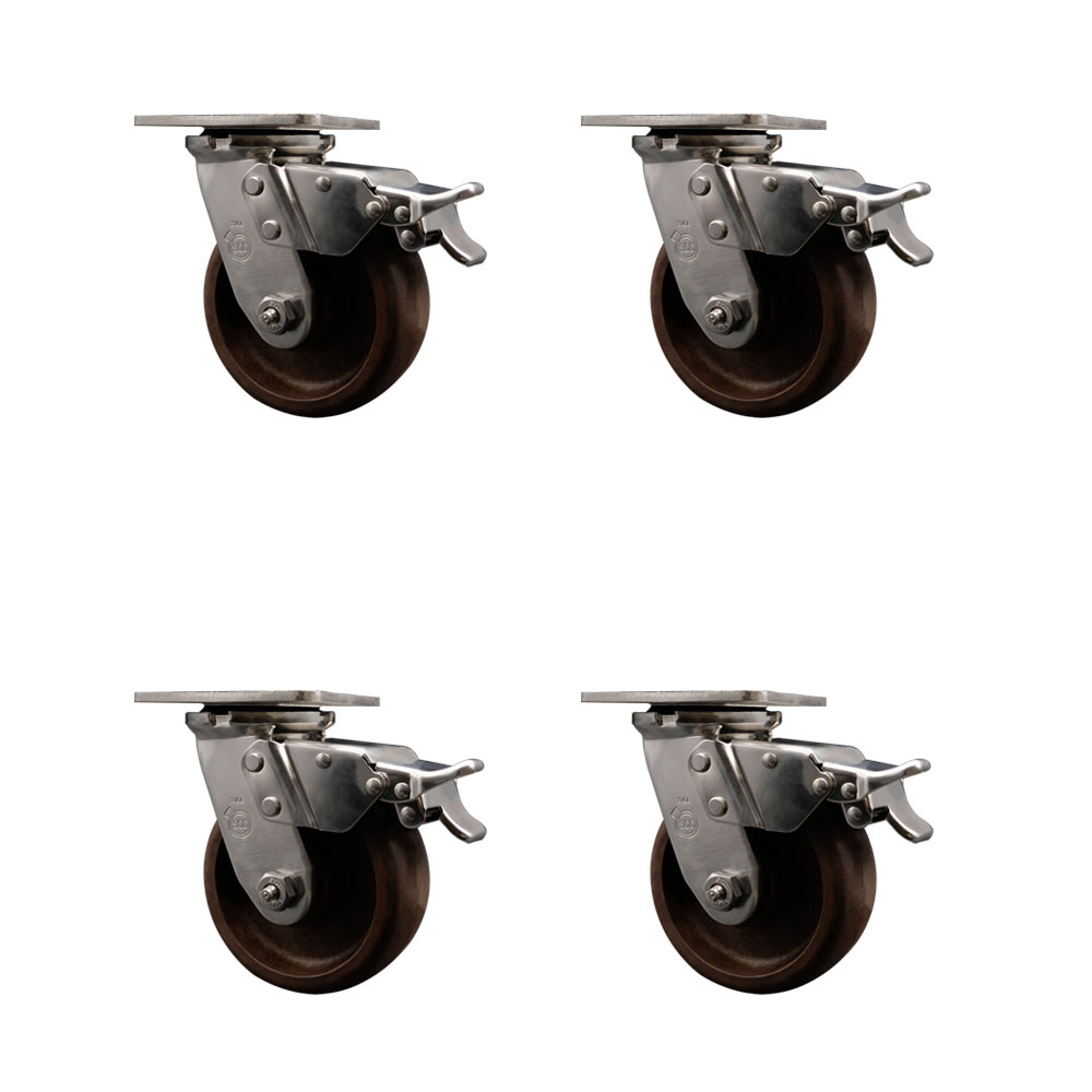 316 Stainless Steel Heavy Duty Swivel Caster Set of 4 with 5 Inch High Temperature Glass Filled Nylon Wheels - Includes 4 Swivel with Total Lock Brakes-4,000 lbs. Total Capacity - Service Caster Brand — photo 1