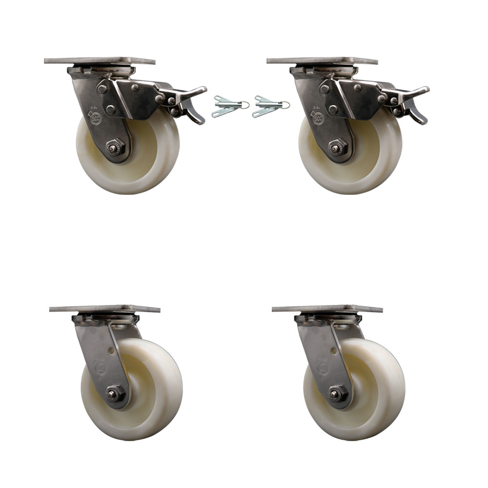 316 Stainless Heavy Duty Swivel Caster Set with 5 Inch Nylon Wheels and Ball Bearings - Includes 2 Swivel with Total Lock Brakes and 2 Swivel with Bolt on Swivel Locks - Service Caster Brand — photo 1