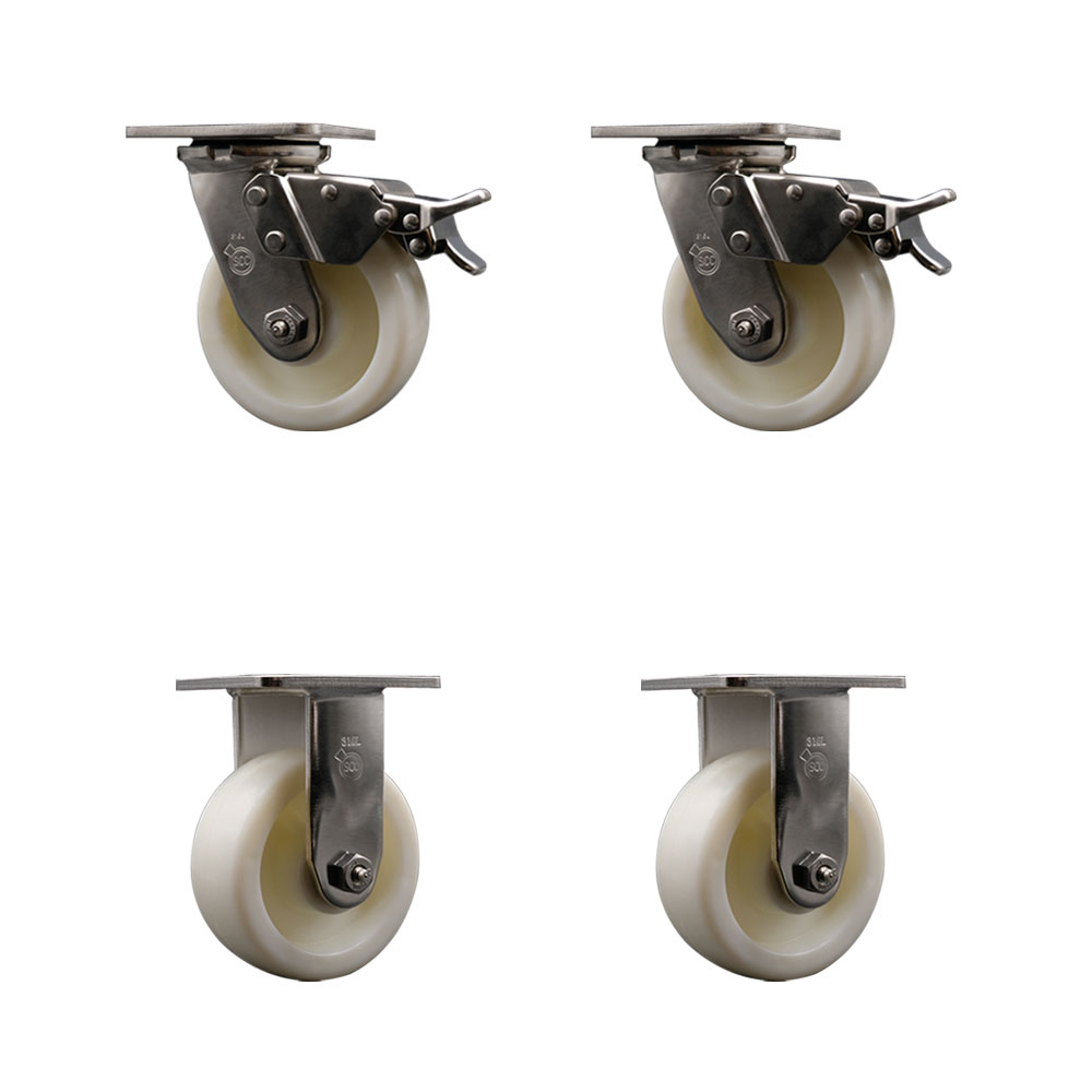 316 Stainless Steel Heavy Duty Swivel Caster Set of 4 with 5 Inch Nylon Wheels and Ball Bearings - Includes 2 Swivel with Total Lock Brakes and 2 Rigid-3,600 lbs. Total Capacity - Service Caster Brand — photo 1