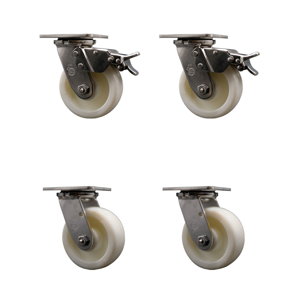 316 Stainless Steel Heavy Duty Swivel Caster Set of 4 with 5 Inch Nylon Wheels and Delrin Bearings - Includes 4 Swivel with 2 Total Lock Brakes - 3,600 lbs. Total Capacity - Service Caster Brand — photo 1
