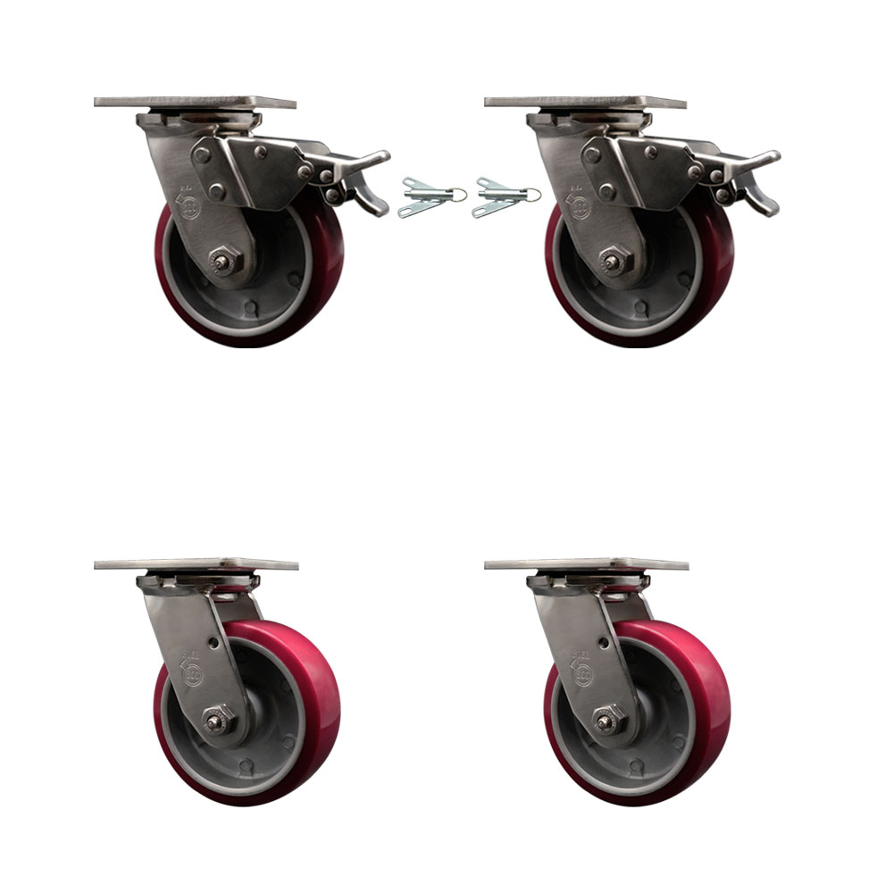 316 Stainless Heavy Duty Swivel Caster Set with 5 Inch Poly on Aluminum Wheels and Delrin Bearings -Includes 2 Swivel with Total Lock Brakes and 2 Swivel with Bolt on Swivel Locks-Service Caster Brand — photo 1