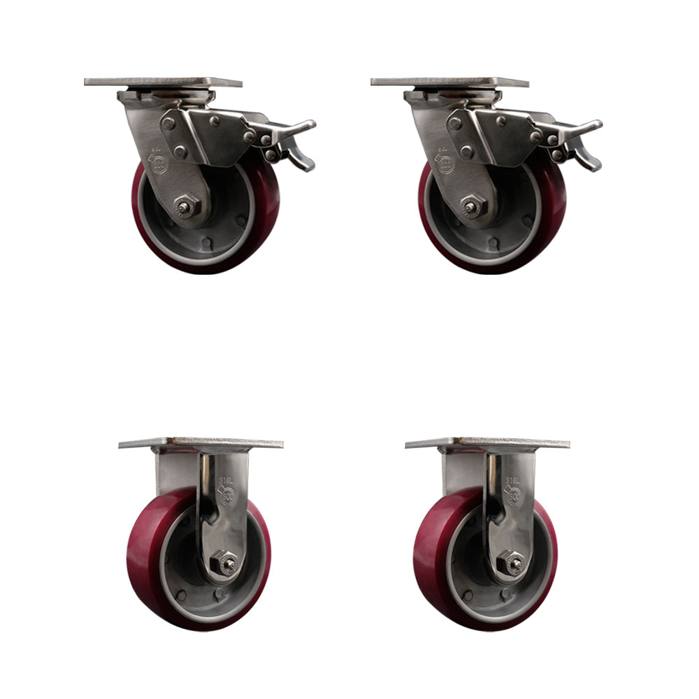 316 Stainless Steel Heavy Duty Swivel Caster Set of 4 with 5 Inch Polyurethane on Aluminum Wheels - Includes 2 Swivel with Total Lock Brakes and 2 Rigid - Service Caster Brand — photo 1