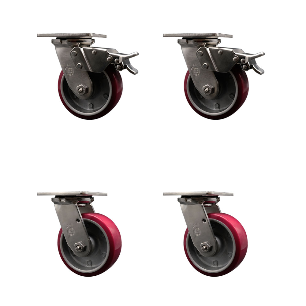 316 Stainless Steel Heavy Duty Swivel Caster Set of 4 with 5 Inch Polyurethane on Aluminum Wheels - Includes 4 Swivel with 2 Total Lock Brakes - 3,600 lbs. Total Capacity - Service Caster Brand — photo 1