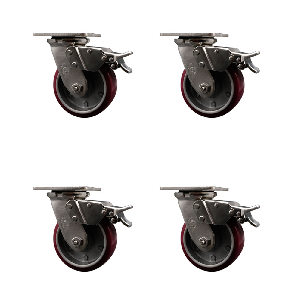 316 Stainless Steel Heavy Duty Swivel Caster Set of 4 with 5 Inch Polyurethane on Aluminum Wheels and Delrin Bearings - Includes 4 Swivel with Total Lock Brakes - Service Caster Brand — photo 1