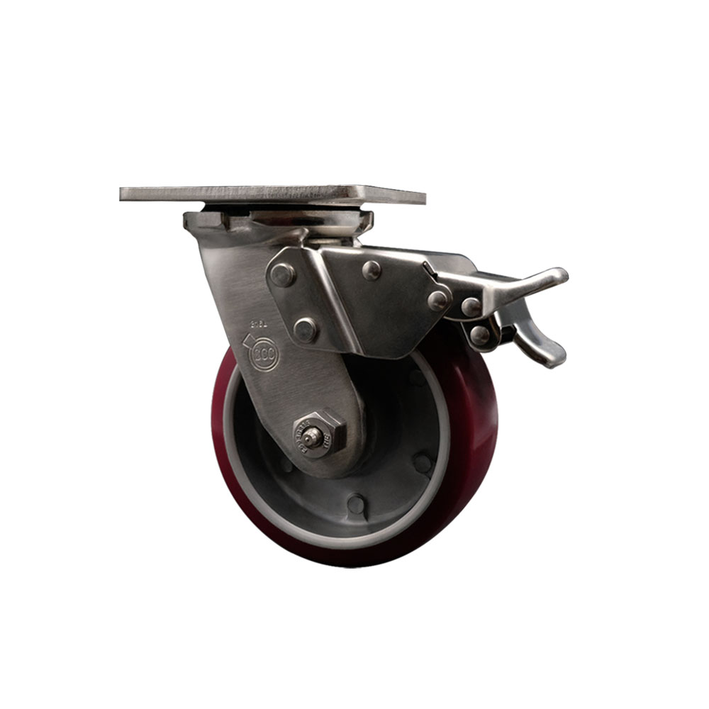 316 Stainless Steel Heavy Duty Swivel Top Plate Caster with Total Lock Brake and 5 Inch Polyurethane on Aluminum Wheel with Ball Bearings - 900 lbs. Capacity/Caster - Service Caster Brand — photo 1