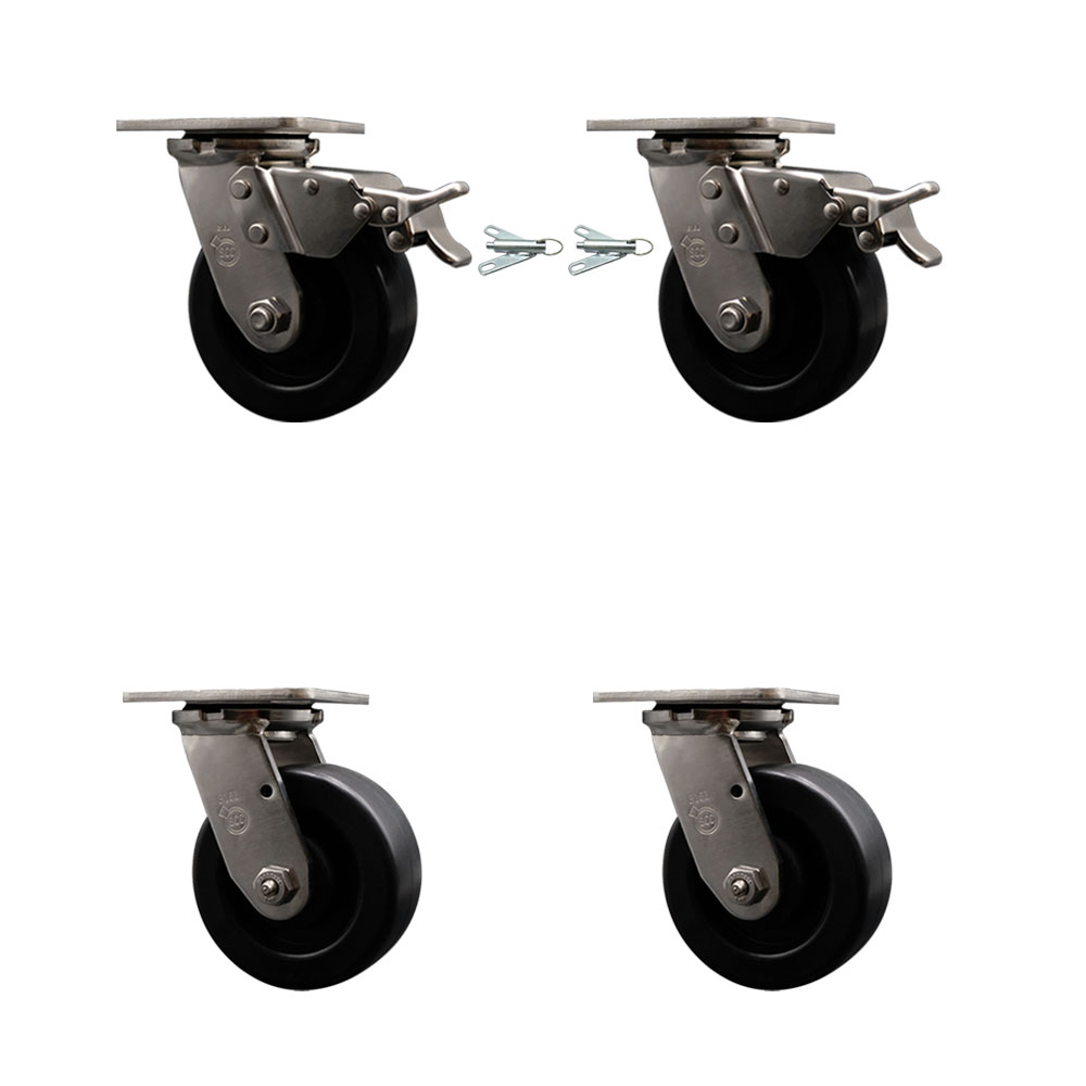 316 Stainless Heavy Duty Swivel Caster Set with 5 Inch Polyolefin Wheels -Includes 2 Swivel with Total Lock Brakes and 2 Swivel with Bolt on Swivel Locks-2,600 lbs. Total Capacity-Service Caster Brand — photo 1
