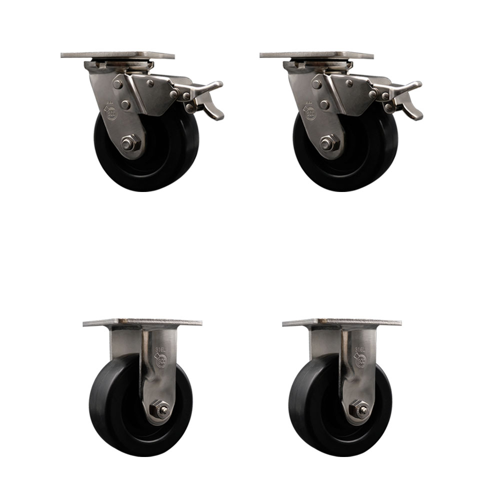 316 Stainless Steel Heavy Duty Swivel Caster Set of 4 with 5 Inch Polyolefin Wheels and Delrin Bearings - Includes 2 Swivel with Total Lock Brakes and 2 Rigid - Service Caster Brand — photo 1