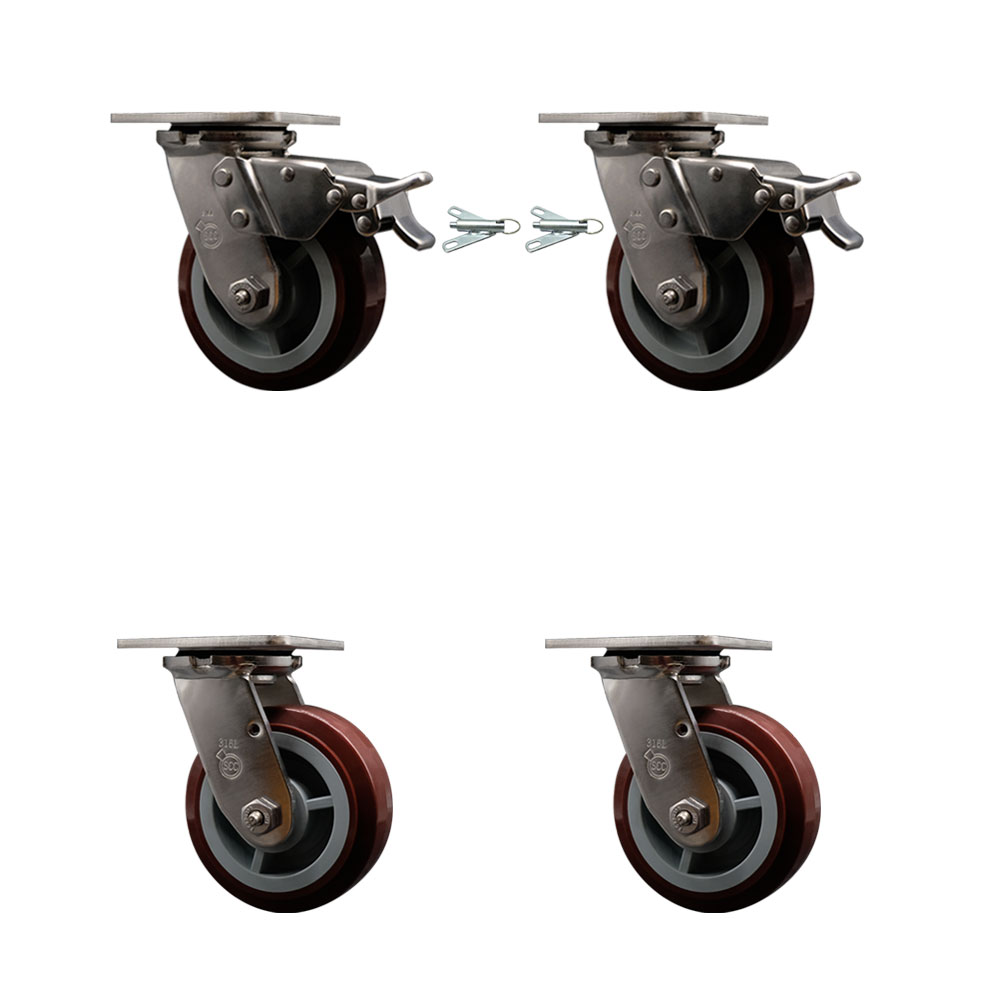 316 Stainless Heavy Duty Swivel Caster Set with 5 Inch Polyurethane Wheels and Ball Bearings - Includes 2 Swivel with Total Lock Brakes and 2 Swivel with Bolt on Swivel Locks - Service Caster Brand — photo 1