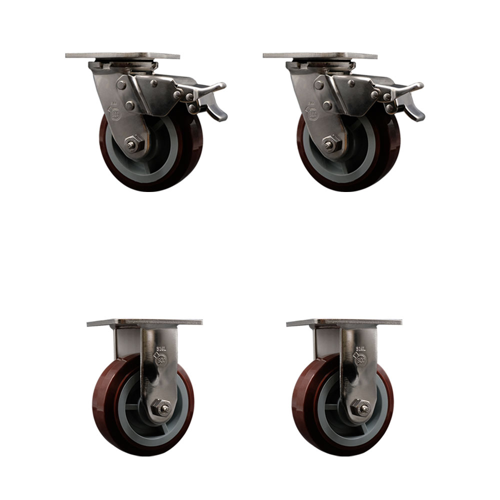316 Stainless Steel Heavy Duty Swivel Caster Set of 4 with 5 Inch Polyurethane Wheels - Includes 2 Swivel with Total Lock Brakes and 2 Rigid - 3,000 lbs. Total Capacity - Service Caster Brand — photo 1