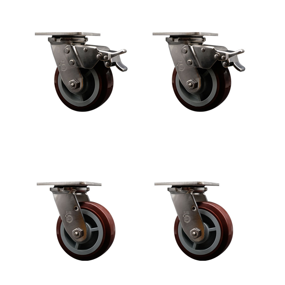 316 Stainless Steel Heavy Duty Swivel Caster Set of 4 with 5 Inch Polyurethane Wheels - Includes 4 Swivel with 2 Total Lock Brakes - 3,000 lbs. Total Capacity - Service Caster Brand — photo 1
