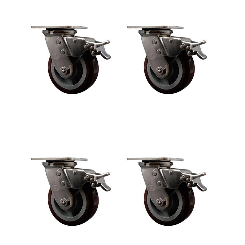316 Stainless Steel Heavy Duty Swivel Caster Set of 4 with 5 Inch Polyurethane Wheels and Ball Bearings - Includes 4 Swivel with Total Lock Brakes - 3,000 lbs. Total Capacity - Service Caster Brand — photo 1