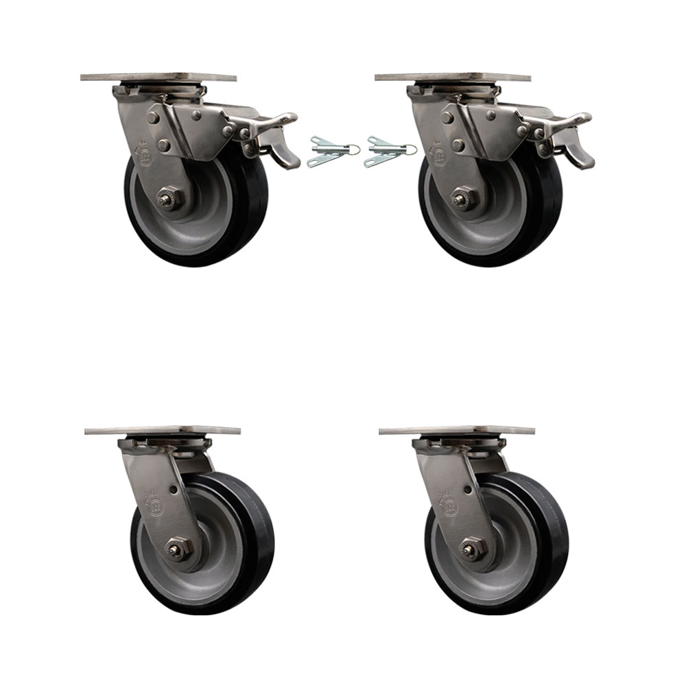 316 Stainless Heavy Duty Swivel Caster Set with 5 Inch Rubber on Aluminum Wheels and Ball Bearings -Includes 2 Swivel with Total Lock Brakes and 2 Swivel with Bolt on Swivel Locks-Service Caster Brand — photo 1