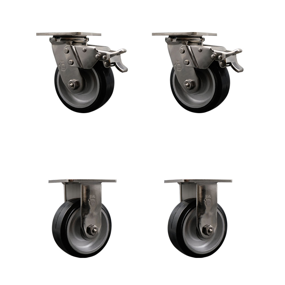 316 Stainless Steel Heavy Duty Swivel Caster Set of 4 with 5 Inch Rubber on Aluminum Wheels and Ball Bearings - Includes 2 Swivel with Total Lock Brakes and 2 Rigid - Service Caster Brand — photo 1