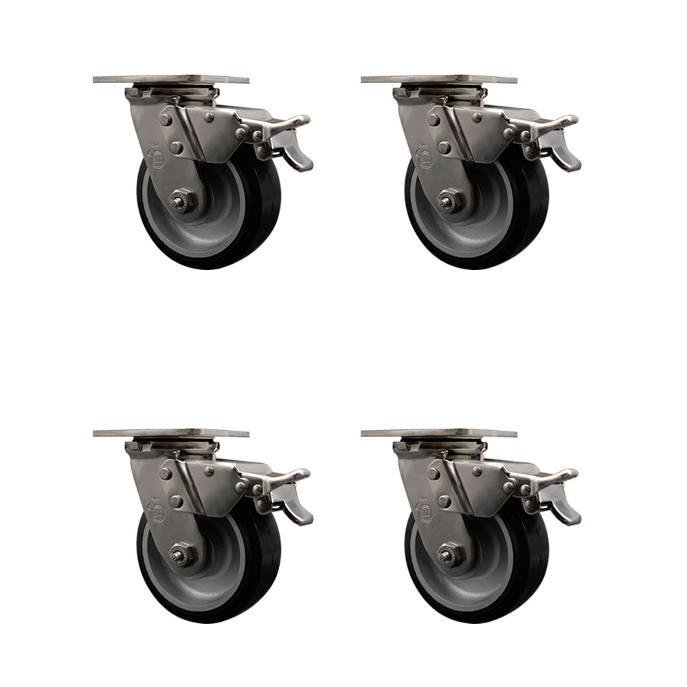 316 Stainless Steel Heavy Duty Swivel Caster Set of 4 with 5 Inch Rubber on Aluminum Wheels - Includes 4 Swivel with Total Lock Brakes - 2,000 lbs. Total Capacity - Service Caster Brand — photo 1