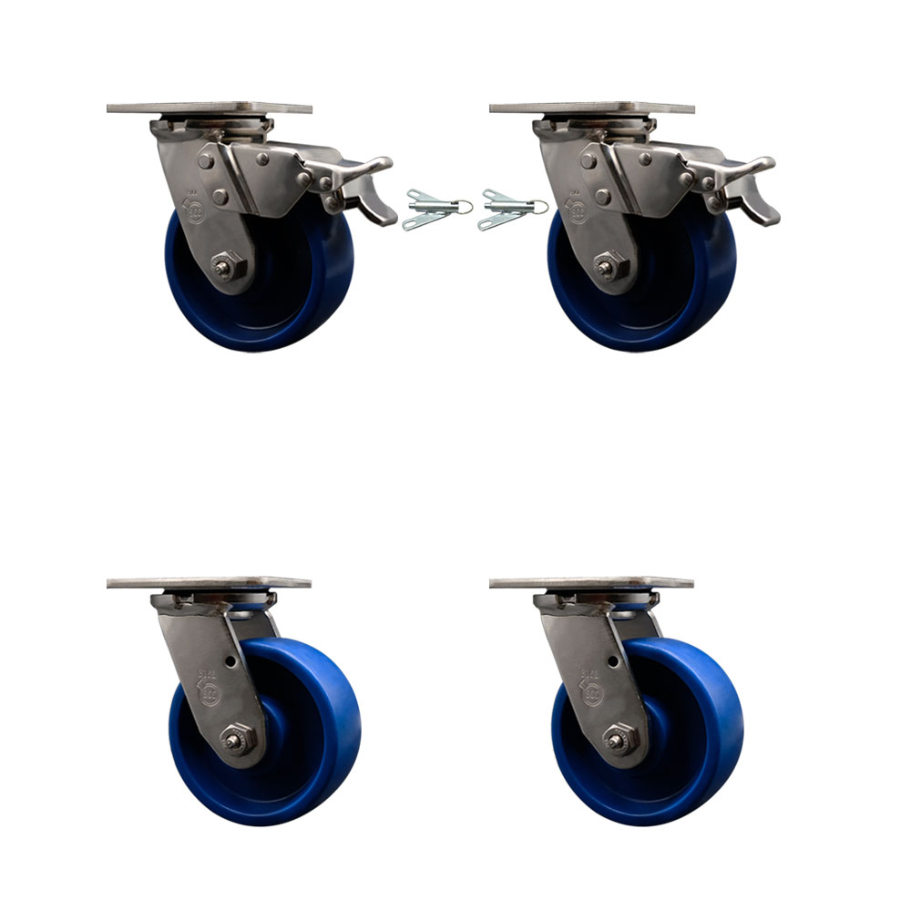 316 Stainless Heavy Duty Swivel Caster Set with 5 Inch Solid Polyurethane Wheels and Ball Bearings- Includes 2 Swivel with Total Lock Brakes and 2 Swivel with Bolt on Swivel Locks-Service Caster Brand — photo 1