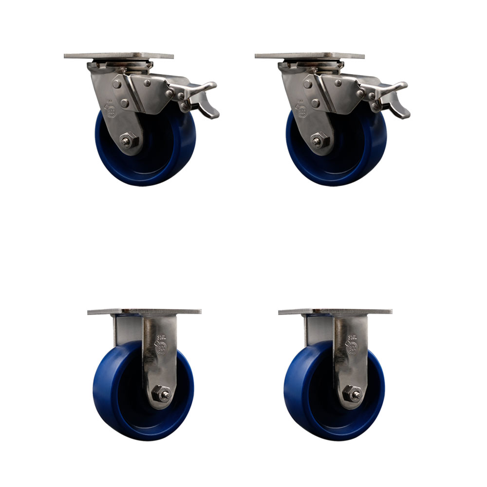 316 Stainless Steel Heavy Duty Swivel Caster Set of 4 with 5 Inch Solid Polyurethane Wheels - Includes 2 Swivel with Total Lock Brakes and 2 Rigid - 4,000 lbs. Total Capacity - Service Caster Brand — photo 1