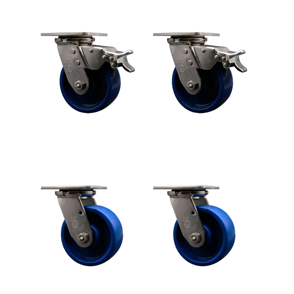 316 Stainless Steel Heavy Duty Swivel Caster Set of 4 with 5 Inch Solid Polyurethane Wheels - Includes 4 Swivel with 2 Total Lock Brakes - 4,000 lbs. Total Capacity - Service Caster Brand — photo 1