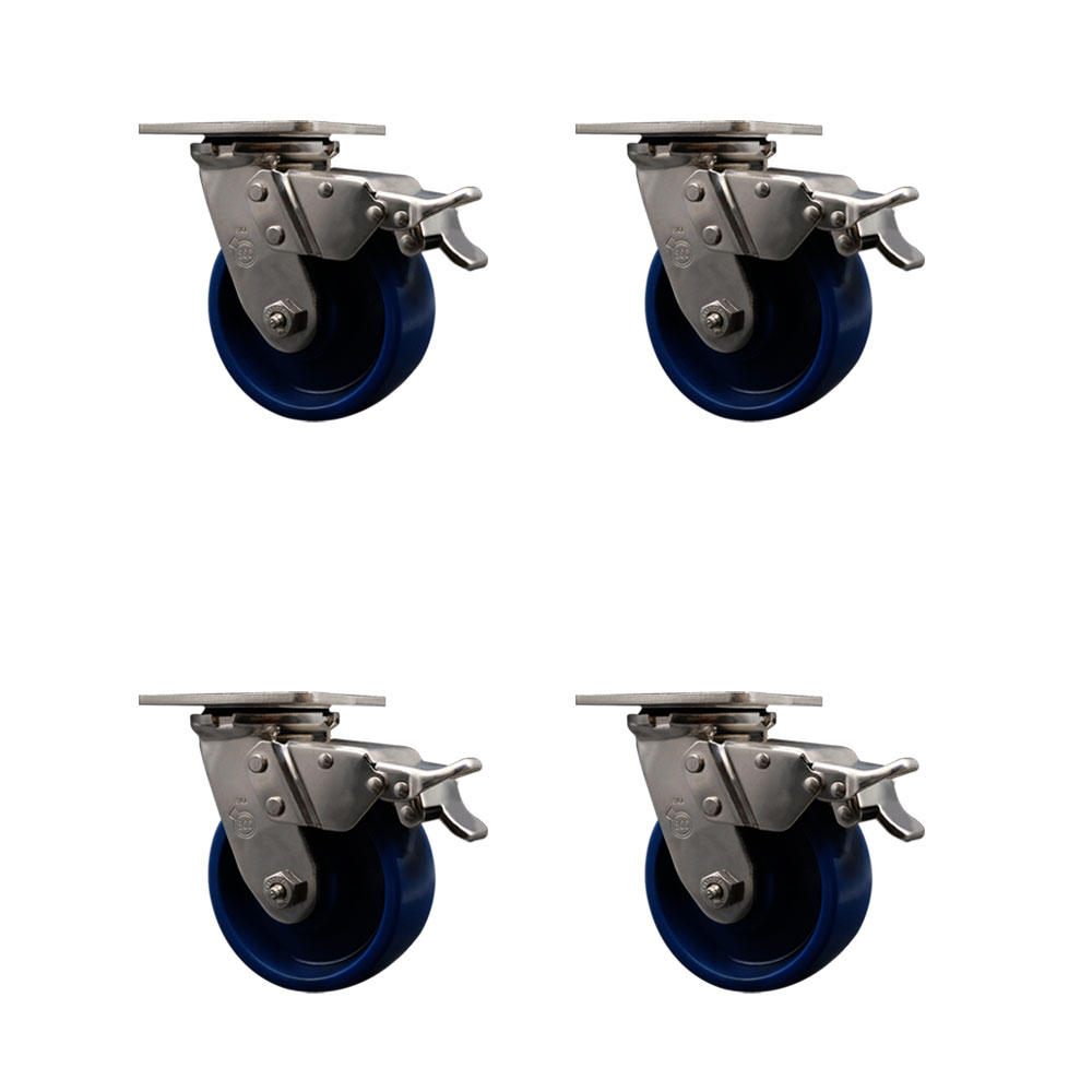 316 Stainless Steel Heavy Duty Swivel Caster Set of 4 with 5 Inch Solid Polyurethane Wheels - Includes 4 Swivel with Total Lock Brakes - 4,000 lbs. Total Capacity - Service Caster Brand — photo 1