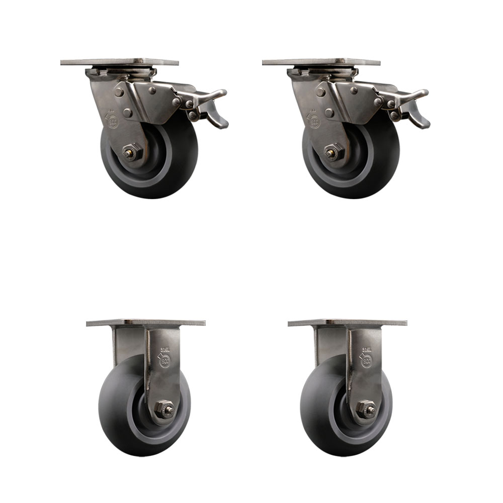 316 Stainless Steel Heavy Duty Swivel Caster Set of 4 with 5 Inch Thermoplastic Rubber Donut Tread Wheels and Ball Bearings - Includes 2 Swivel with Total Lock Brakes and 2 Rigid- Service Caster Brand — photo 1