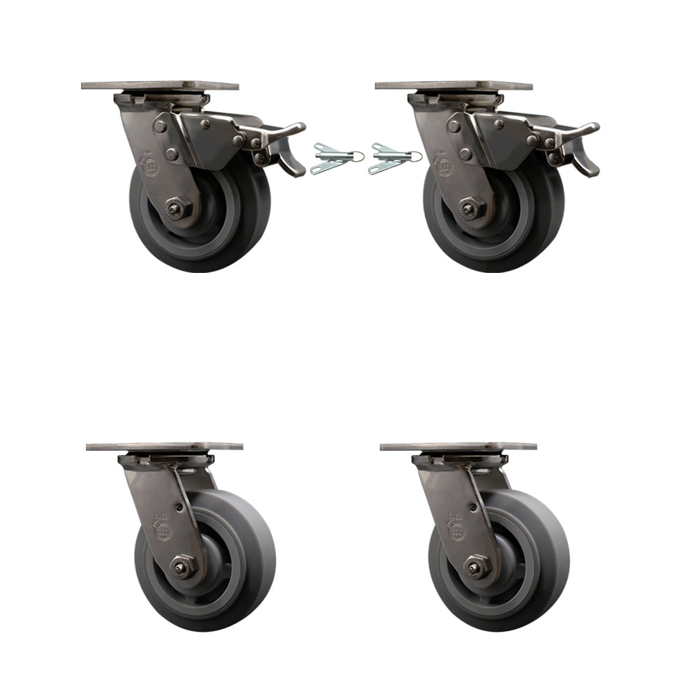 316 Stainless Heavy Duty Swivel Caster Set with 5 Inch Thermoplastic Rubber Flat Tread Wheels - Includes 2 Swivel with Total Lock Brakes and 2 Swivel with Swivel Locks - Service Caster Brand — photo 1