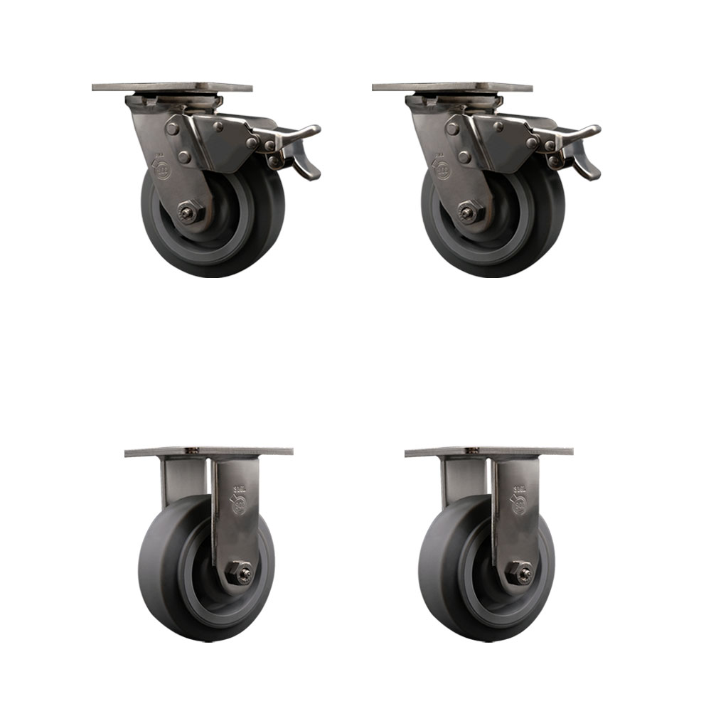 316 Stainless Steel Heavy Duty Swivel Caster Set of 4 with 5 Inch Thermoplastic Rubber Flat Tread Wheels and Ball Bearings - Includes 2 Swivel with Total Lock Brakes and 2 Rigid - Service Caster Brand — photo 1