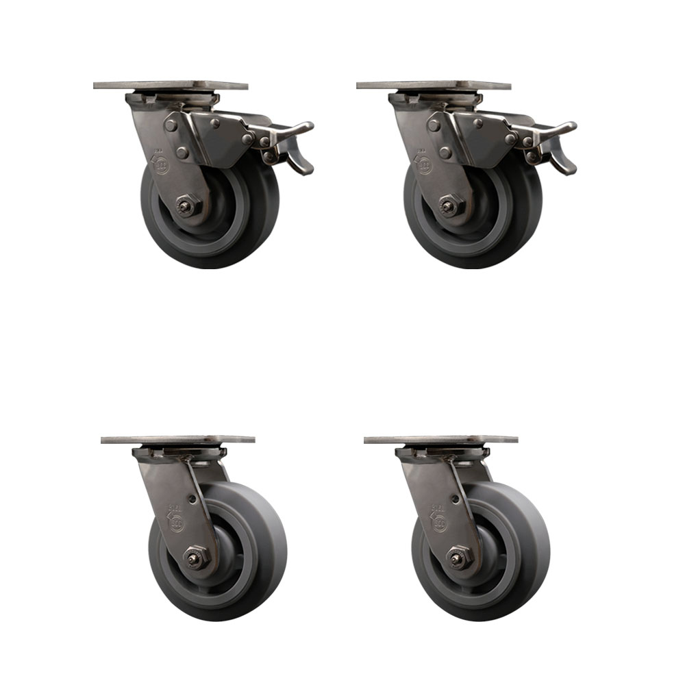 316 Stainless Steel Heavy Duty Swivel Caster Set of 4 with 5 Inch Thermoplastic Rubber Flat Tread Wheels and Delrin Bearings - Includes 4 Swivel with 2 Total Lock Brakes - Service Caster Brand — photo 1