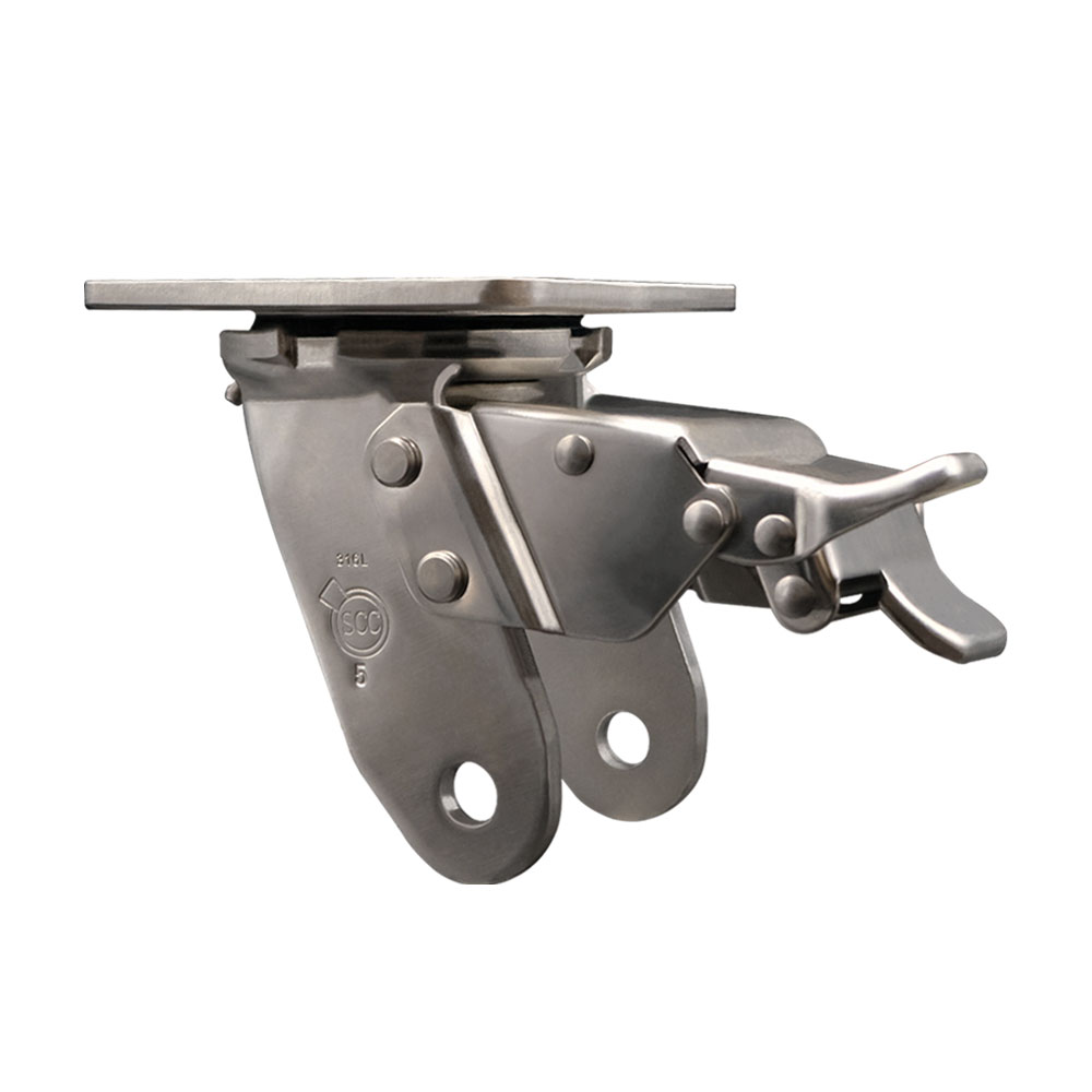 5 Inch 316 Stainless Steel Swivel Caster Fork Yoke Rig Frame with Total Lock Brake for Caster Wheels - 1,250 lbs. Max Capacity - 4" x 4-1/2" Overall Top Plate - Service Caster Brand — photo 1