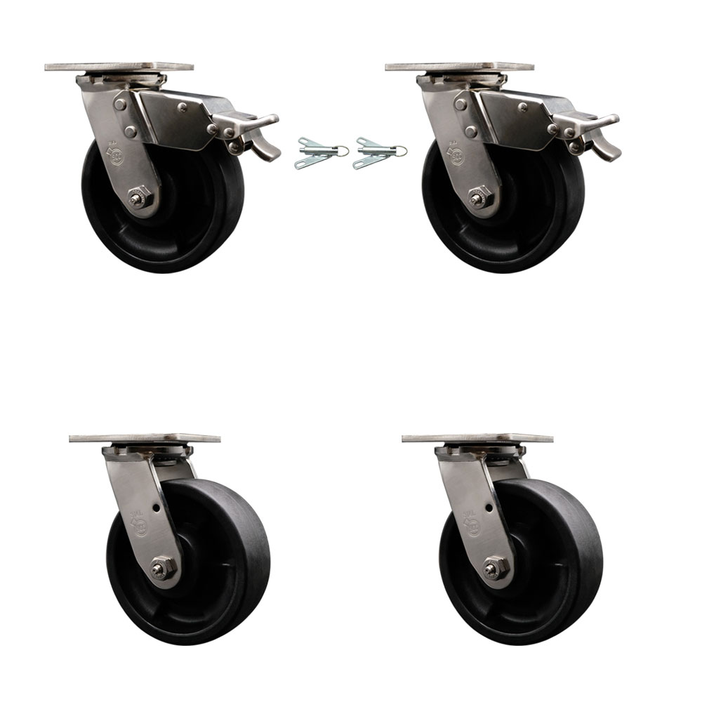 316 Stainless Heavy Duty Swivel Caster Set with 6 Inch Glass Filled Nylon Wheels and Delrin Bearings - Includes 2 Swivel w/Total Lock Brakes and 2 Swivel w/Bolt on Swivel Locks - Service Caster Brand — photo 1