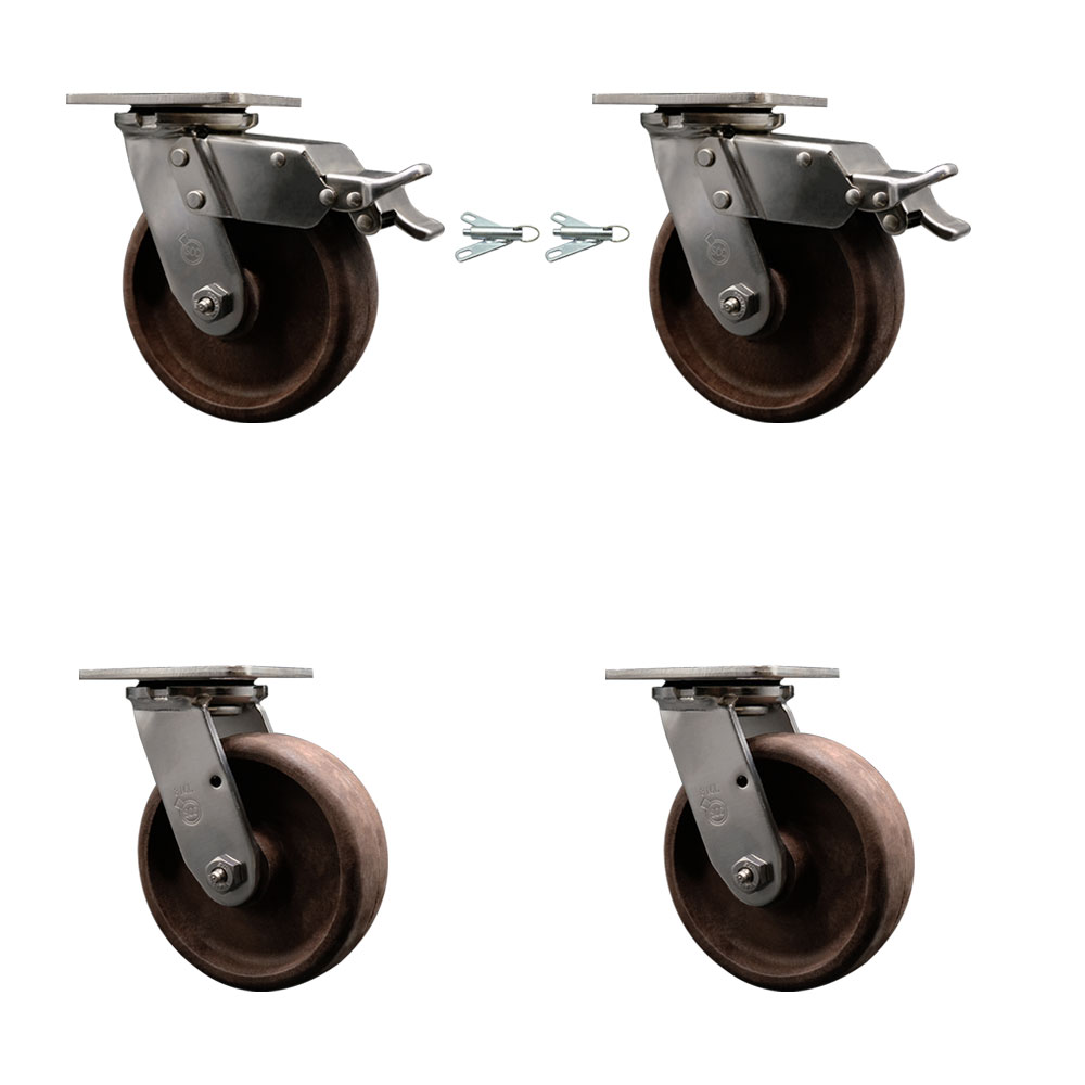316 Stainless Heavy Duty Swivel Caster Set with 6 Inch High Temperature Glass Filled Nylon Wheels - Includes 2 Swivel with Total Lock Brakes and 2 Swivel with Bolt on Swivel Locks-Service Caster Brand — photo 1