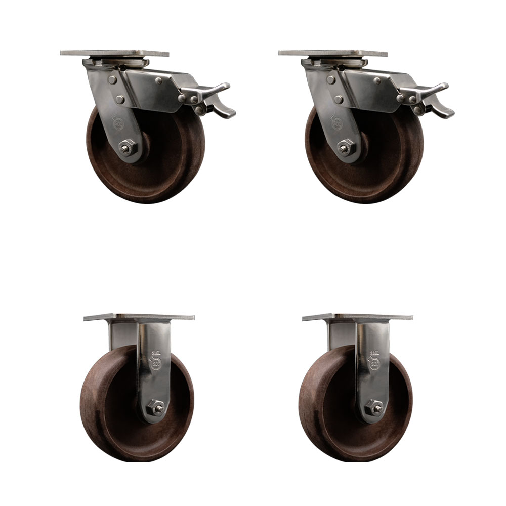 316 Stainless Steel Heavy Duty Swivel Caster Set of 4 with 6 Inch High Temp Glass Filled Nylon Wheels-Includes 2 Swivel with Total Lock Brake and 2 Rigid-4,400 lbs. Total Capacity-Service Caster Brand — photo 1