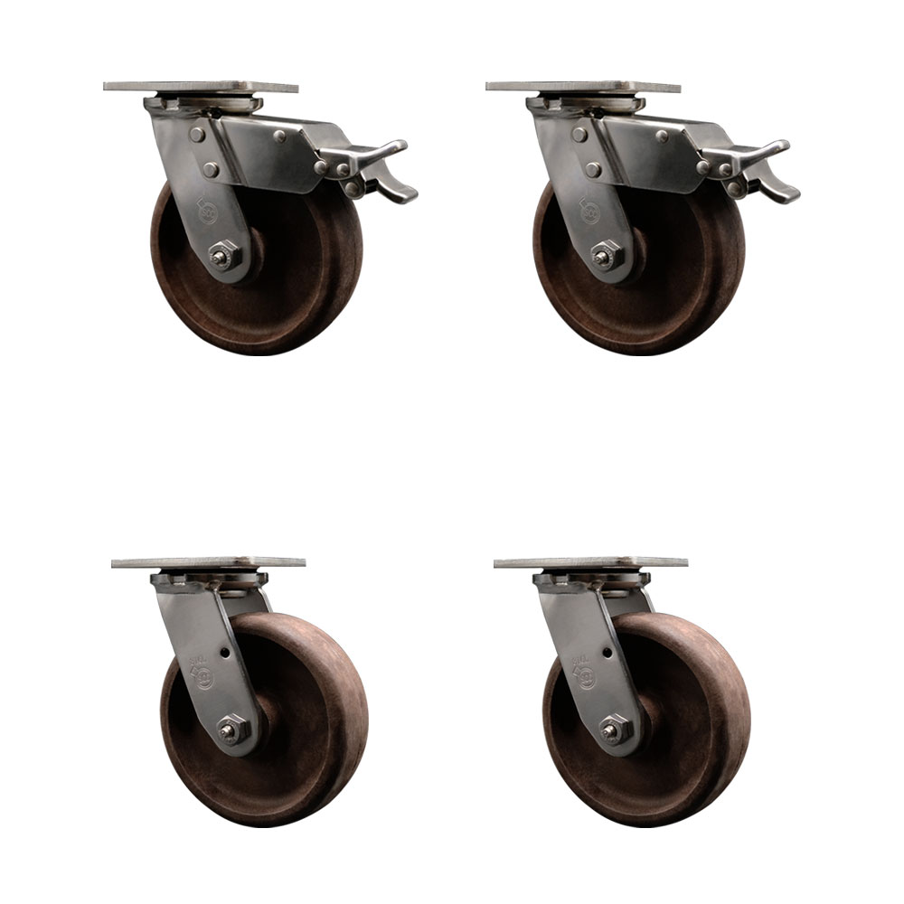 316 Stainless Steel Heavy Duty Swivel Caster Set of 4 with 6 Inch High Temp Glass Filled Nylon Wheels - Includes 4 Swivel with 2 Total Lock Brakes - 4,400 lbs. Total Capacity - Service Caster Brand — photo 1