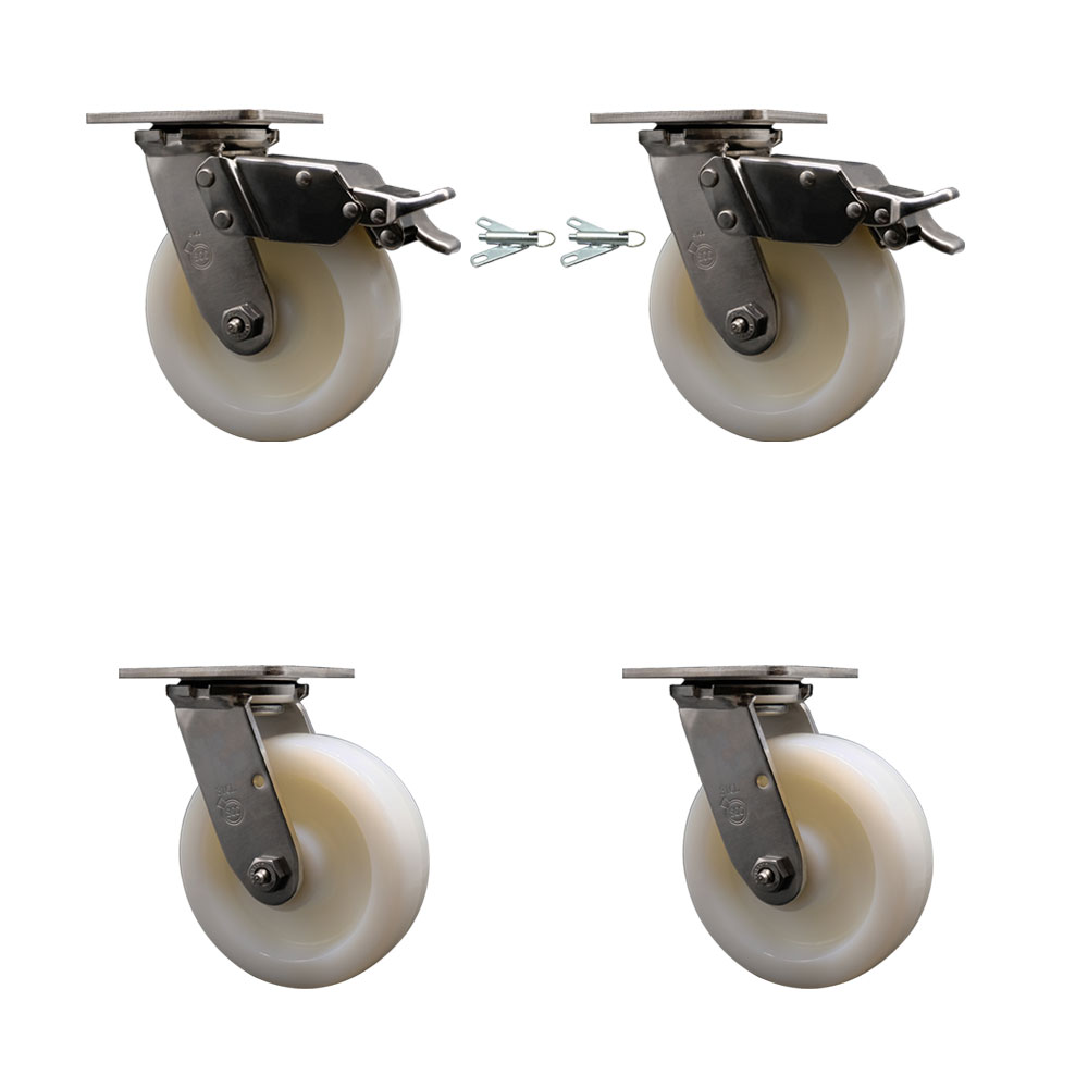 316 Stainless Heavy Duty Swivel Caster Set with 6 Inch Nylon Wheels and Delrin Bearings - Includes 2 Swivel with Total Lock Brakes and 2 Swivel with Bolt on Swivel Locks - Service Caster Brand — photo 1