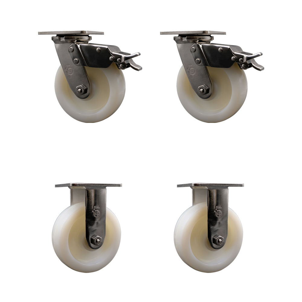 316 Stainless Steel Heavy Duty Swivel Caster Set of 4 with 6 Inch Nylon Wheels and Delrin Bearings - Includes 2 Swivel with Total Lock Brakes and 2 Rigid-5,000 lbs. Total Capacity-Service Caster Brand — photo 1