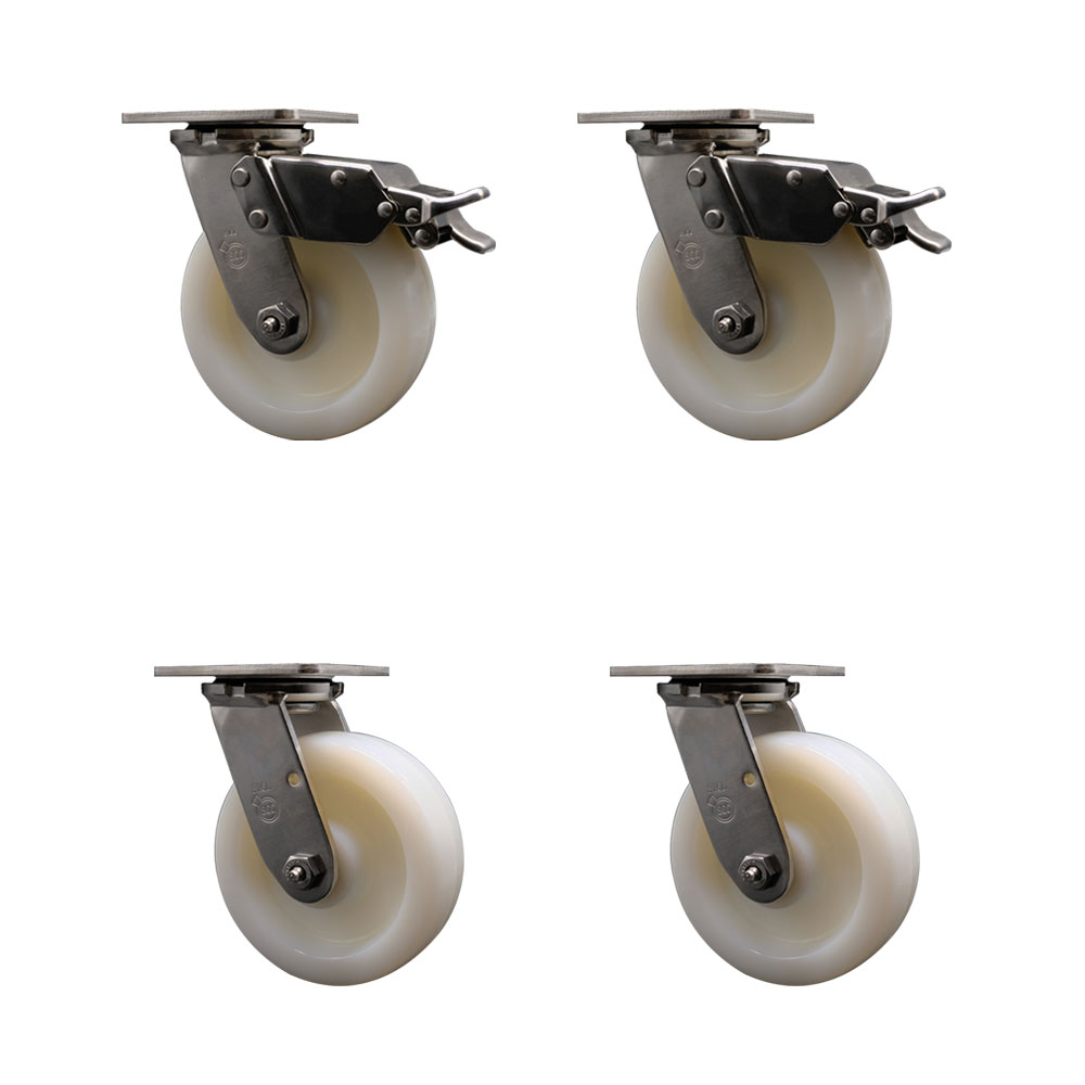 316 Stainless Steel Heavy Duty Swivel Caster Set of 4 with 6 Inch Nylon Wheels and Ball Bearings - Includes 4 Swivel with 2 Total Lock Brakes - 5,000 lbs. Total Capacity - Service Caster Brand — photo 1