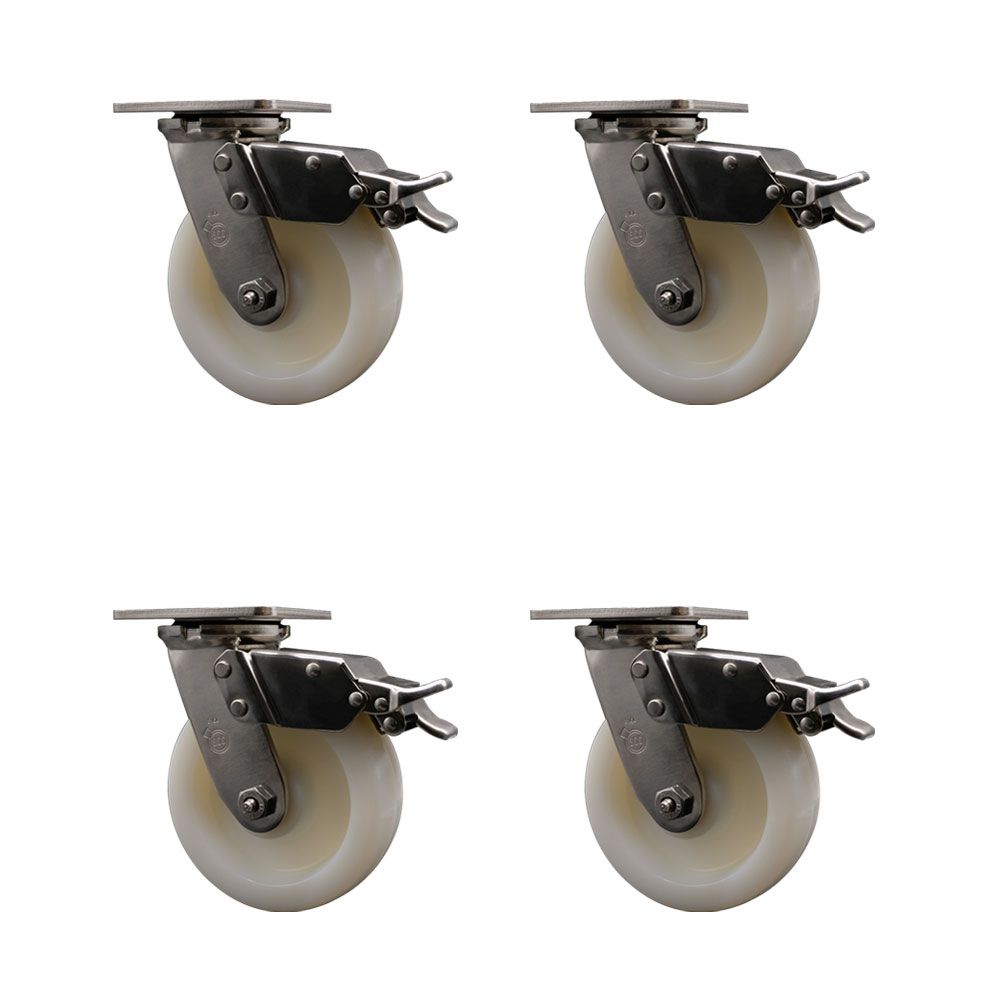 316 Stainless Steel Heavy Duty Swivel Caster Set of 4 with 6 Inch  Nylon Wheels - Includes 4 Swivel with Total Lock Brakes - 5,000 lbs. Total Capacity - Service Caster Brand — photo 1