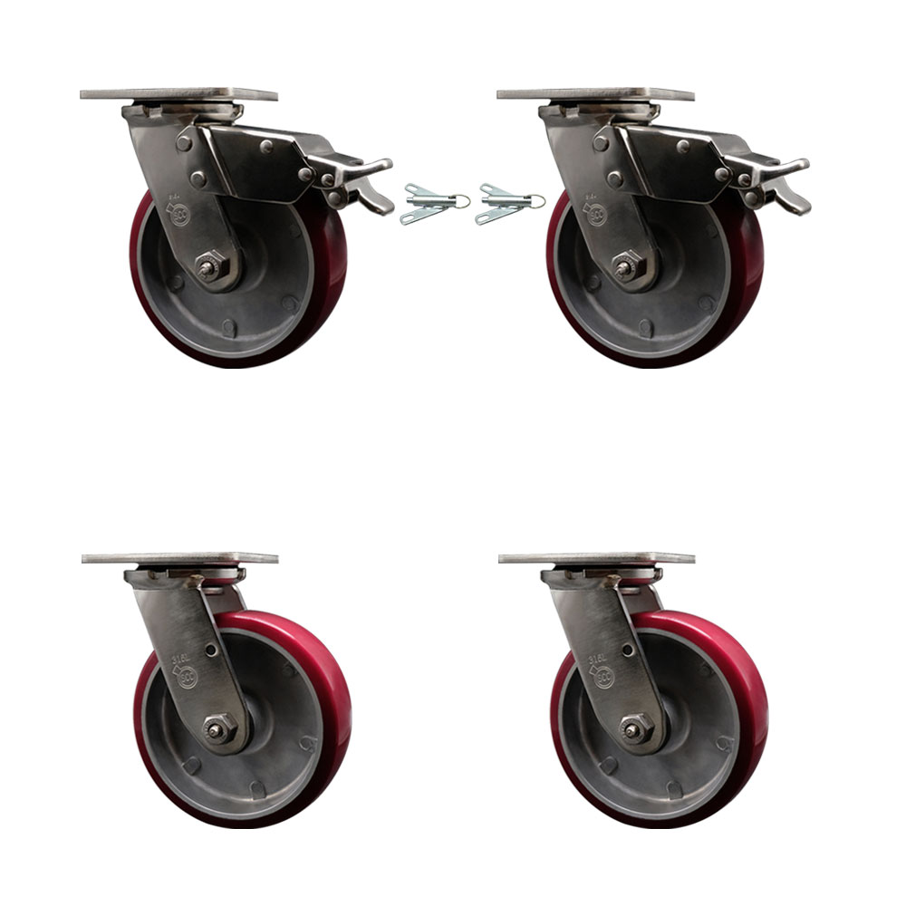 316 Stainless Heavy Duty Swivel Caster Set with 6 Inch Poly on Aluminum Wheels and Delrin Bearings -Includes 2 Swivel with Total Lock Brakes and 2 Swivel with Bolt on Swivel Locks-Service Caster Brand — photo 1