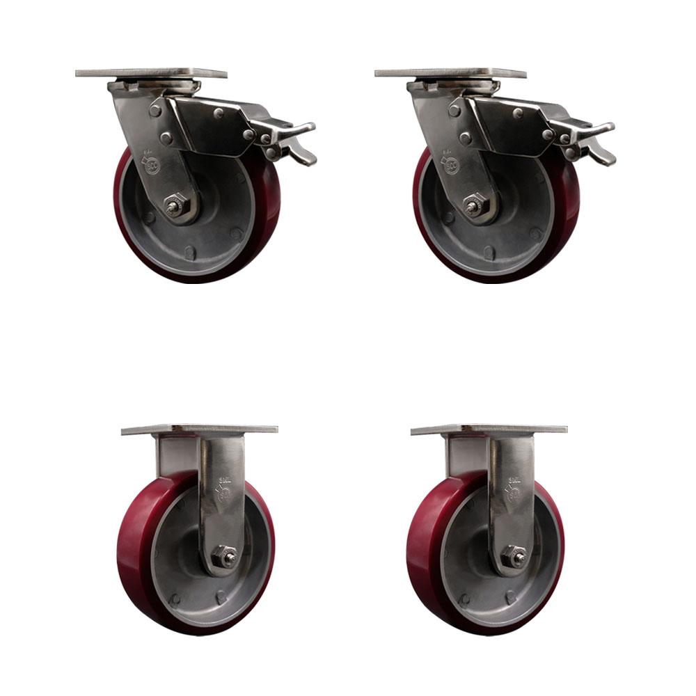 316 Stainless Steel Heavy Duty Swivel Caster Set of 4 with 6 Inch Polyurethane on Aluminum Wheels and Ball Bearings - Includes 2 Swivel with Total Lock Brakes and 2 Rigid - Service Caster Brand — photo 1