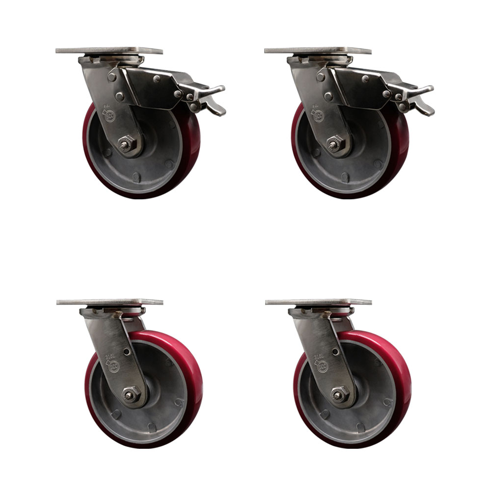 316 Stainless Steel Heavy Duty Swivel Caster Set of 4 with 6 Inch Polyurethane on Aluminum Wheels and Delrin Bearings - Includes 4 Swivel with 2 Total Lock Brakes - Service Caster Brand — photo 1