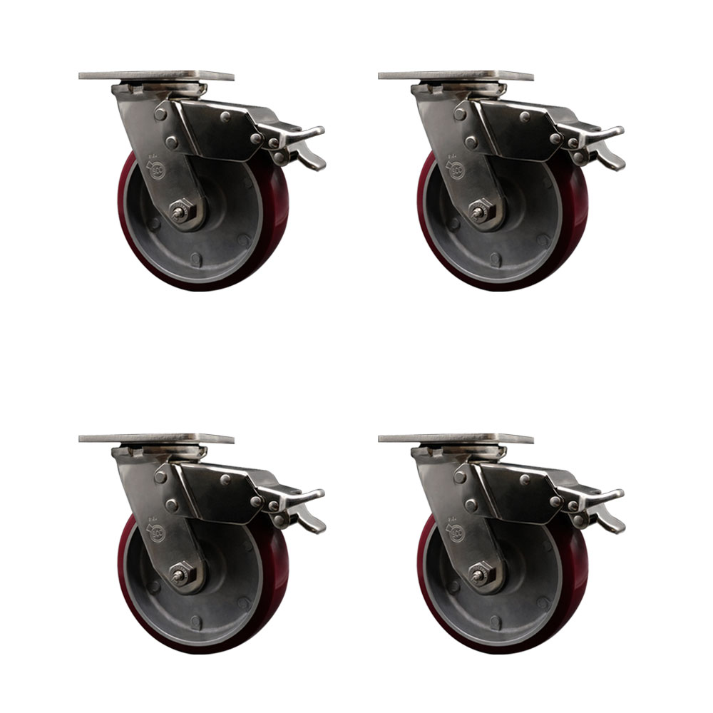 316 Stainless Steel Heavy Duty Swivel Caster Set of 4 with 6 Inch Polyurethane on Aluminum Wheels and Ball Bearings - Includes 4 Swivel with Total Lock Brakes - Service Caster Brand — photo 1