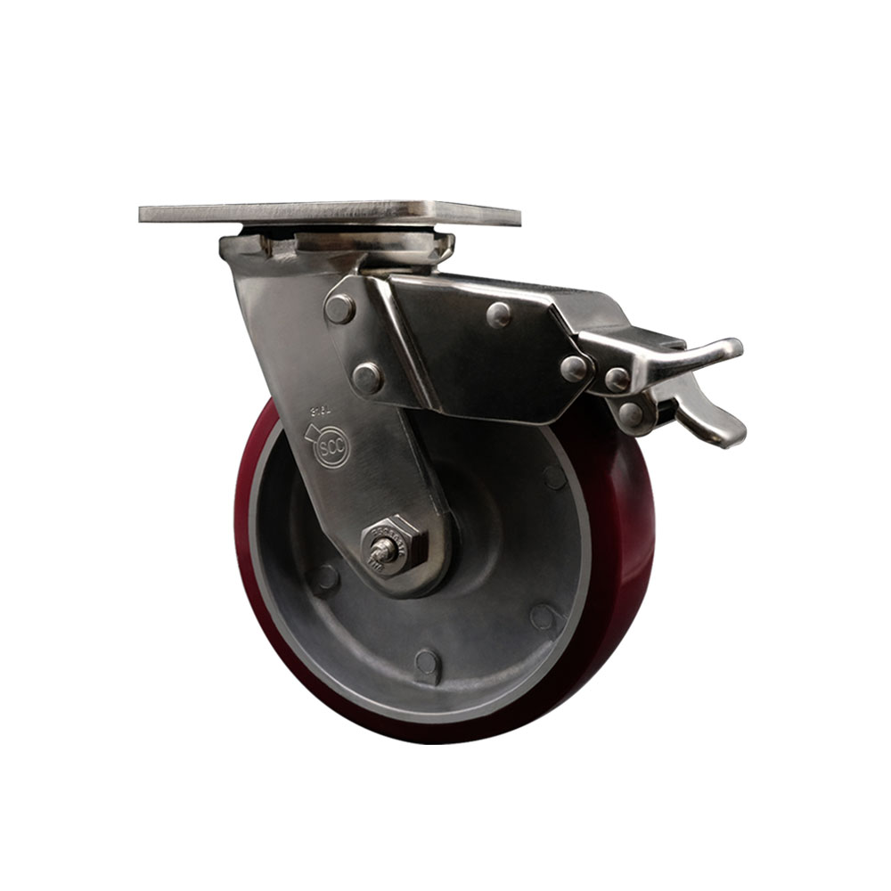 316 Stainless Steel Heavy Duty Swivel Top Plate Caster with Total Lock Brake and 6 Inch Polyurethane on Aluminum Wheel with Delrin Bearings - 1,200 lbs. Capacity/Caster - Service Caster Brand — photo 1
