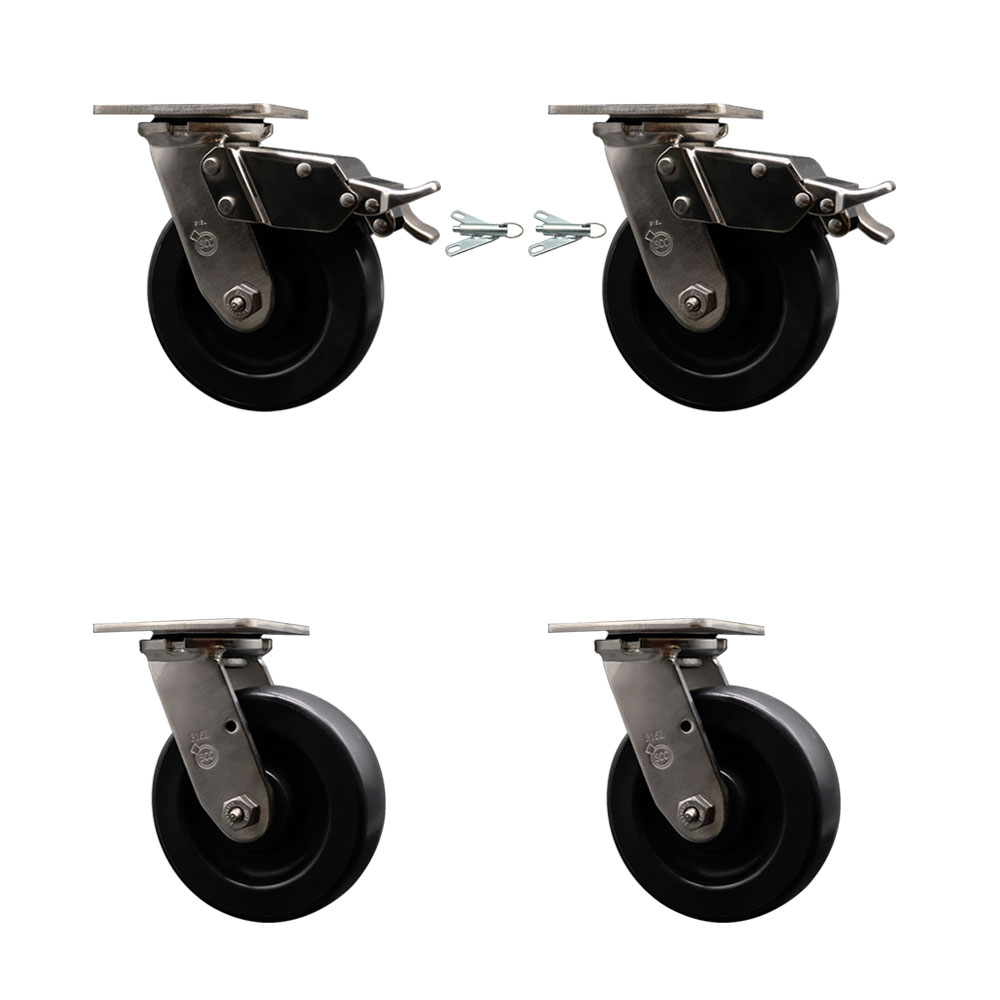 316 Stainless Heavy Duty Swivel Caster Set with 6 Inch Polyolefin Wheels -Includes 2 Swivel with Total Lock Brakes and 2 Swivel with Bolt on Swivel Locks-2,800 lbs. Total Capacity-Service Caster Brand — photo 1