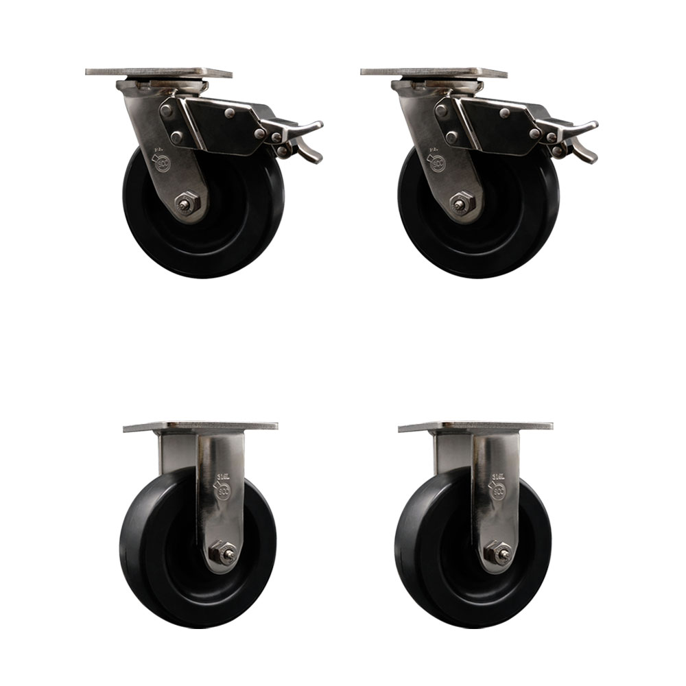 316 Stainless Steel Heavy Duty Swivel Caster Set of 4 with 6 Inch Polyolefin Wheels and Delrin Bearings - Includes 2 Swivel with Total Lock Brakes and 2 Rigid - Service Caster Brand — photo 1