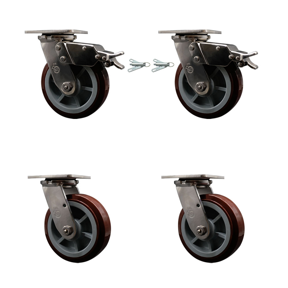 316 Stainless Heavy Duty Swivel Caster Set with 6 Inch Polyurethane Wheels and Ball Bearings - Includes 2 Swivel with Total Lock Brakes and 2 Swivel with Bolt on Swivel Locks - Service Caster Brand — photo 1